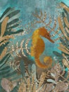 Underwater world with seaweed and seashells, underwater watercolor background